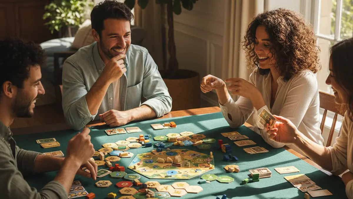 Familie die samen aan tafel een gezelschapsspel speelt
