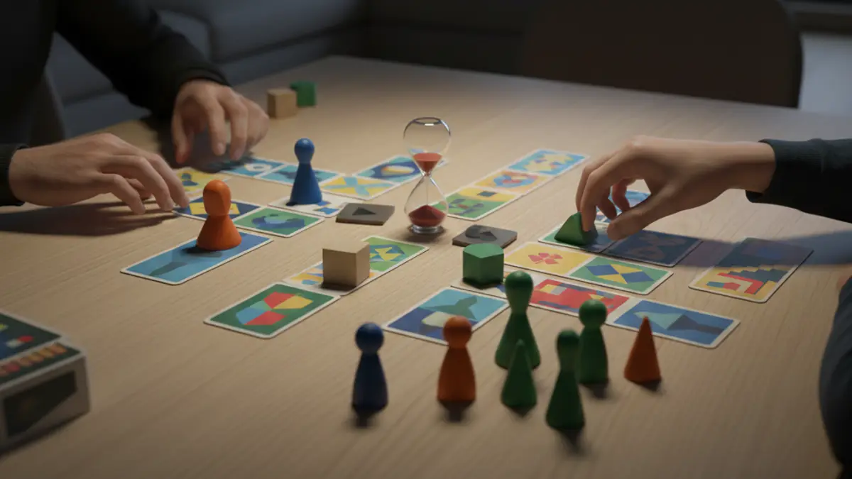 Speelmateriaal met zandloper en kaarten voor een vlot groepsspel