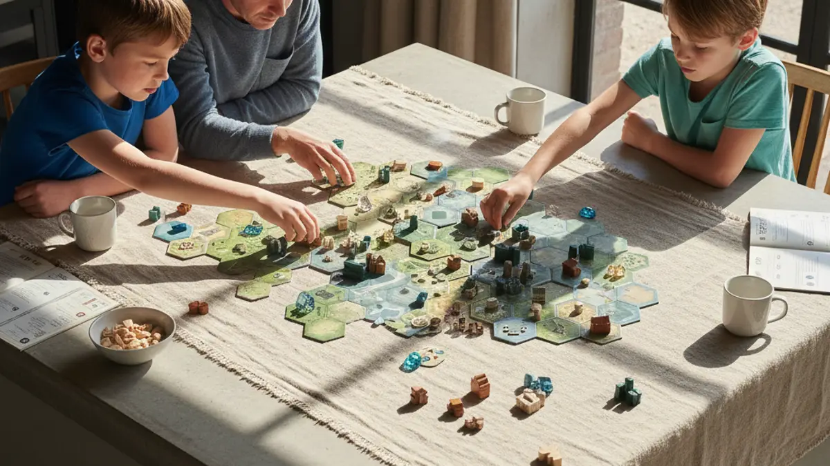 Familie speelt een tegellegspel aan de eettafel