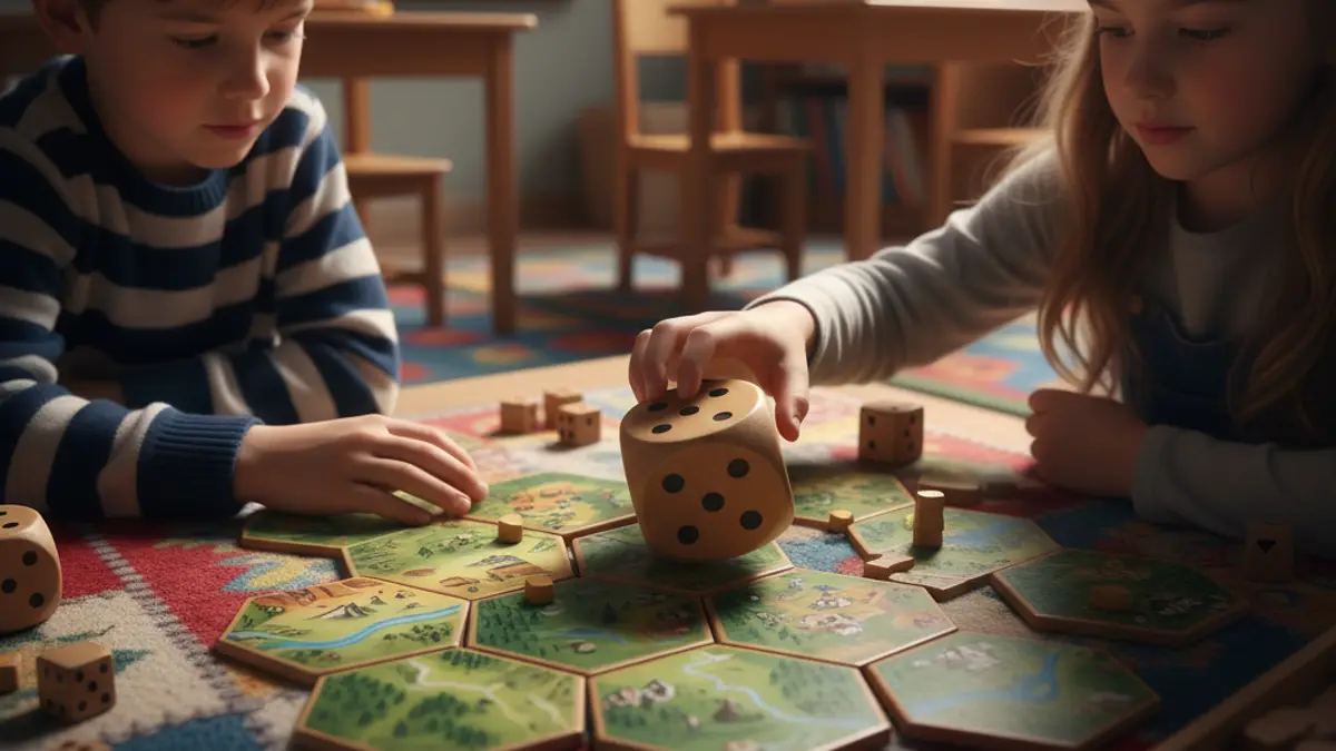 Twee jonge kinderen spelen zelfstandig een bordspel op de vloer