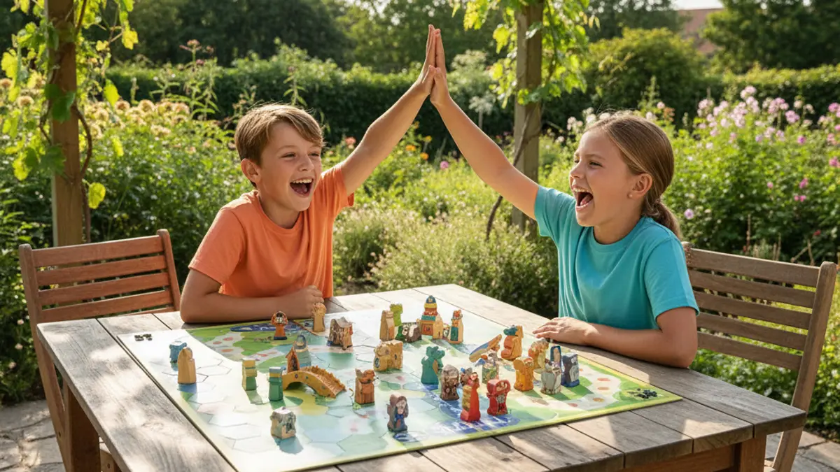 Broer en zus plaatsen houten speelstukken op een kleurrijk bordspel