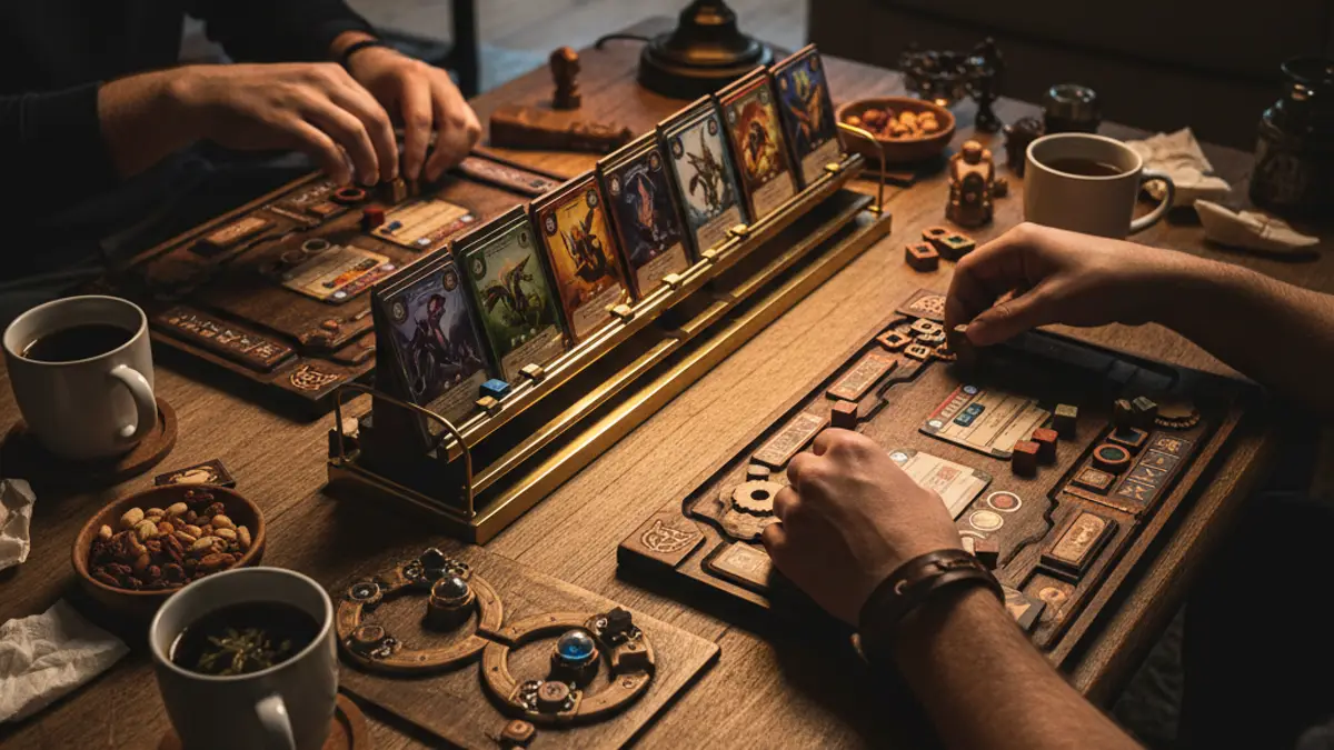 Compleet uitgestald strategisch bordspel met spelersborden en houten fiches
