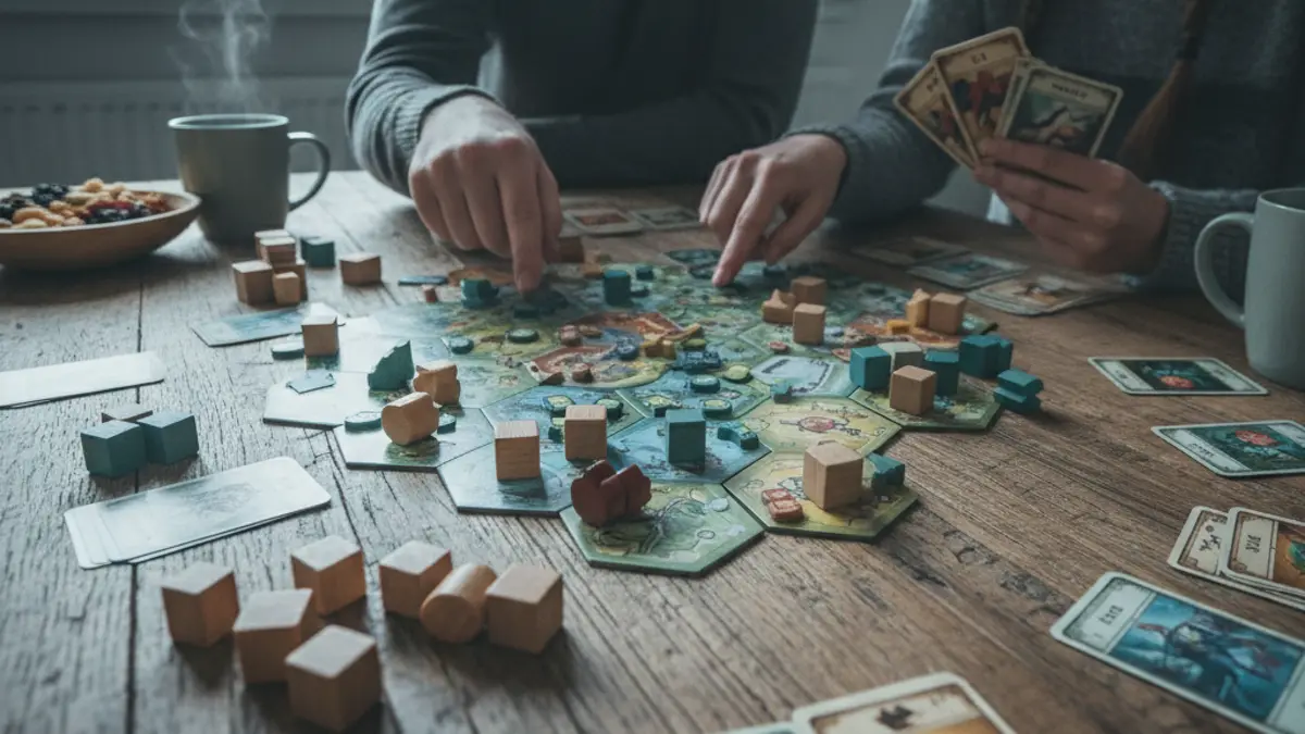 Twee spelers die geconcentreerd een bordspel analyseren