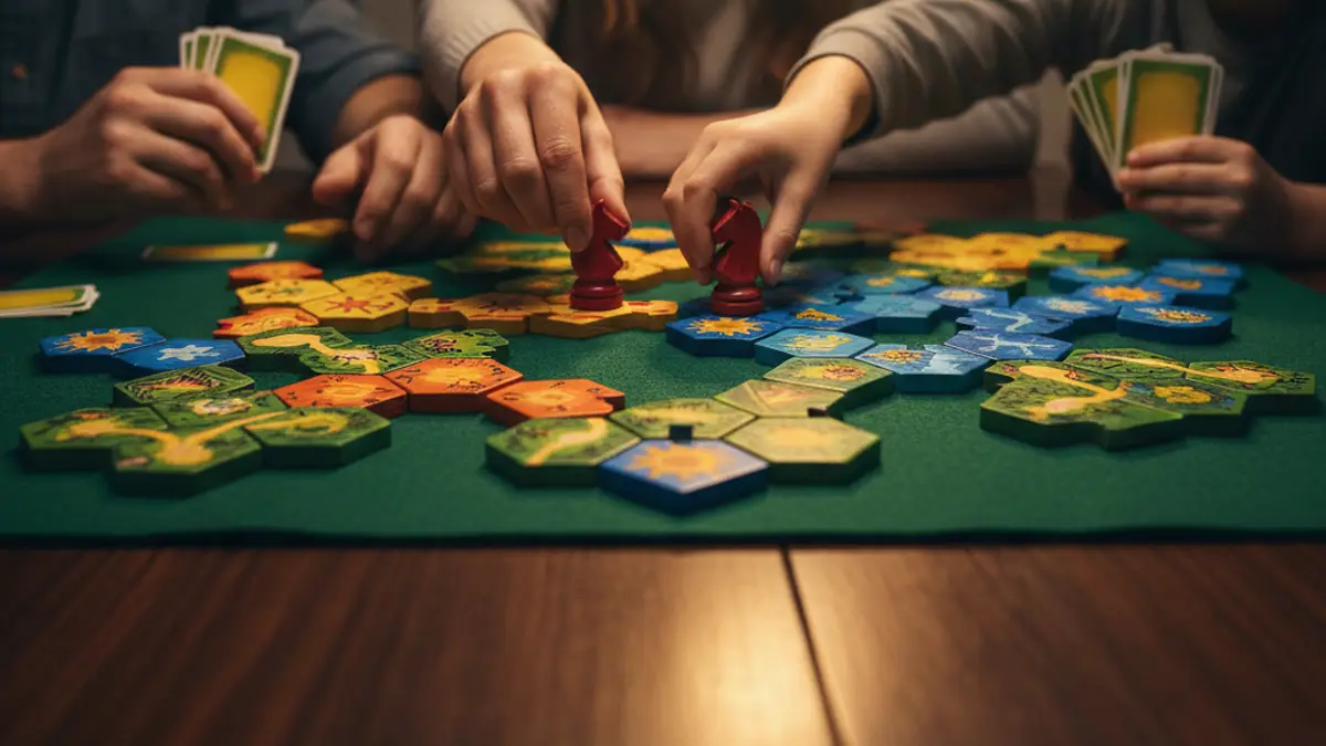 Gezin speelt samen een kleurrijk bordspel aan de eettafel