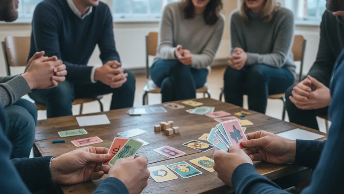 Vrienden spelen een vrolijk conversatiespel aan een salontafel