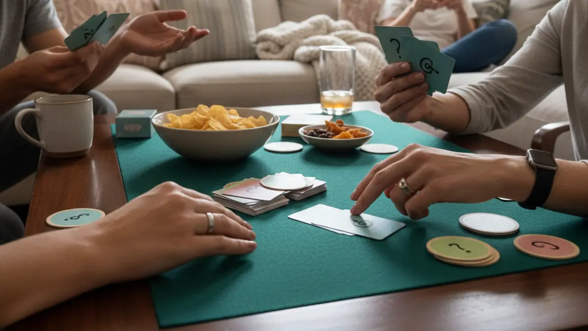 Bovenaanzicht van speelkaarten en stemfiches op tafel