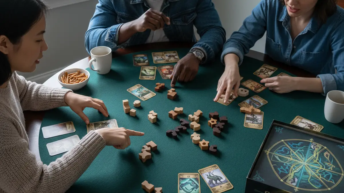 Vier vrienden overleggen rond een coöperatief bordspel aan een houten tafel