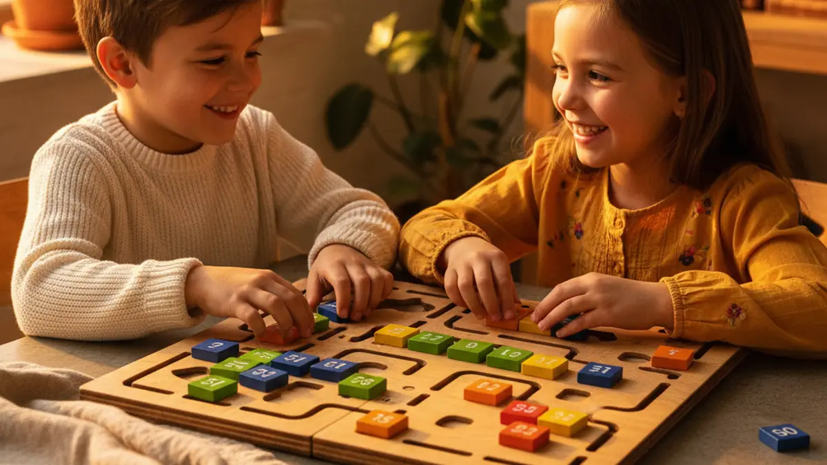 Twee kinderen die aan tafel een educatief bordspel spelen met gekleurde cijfertegels