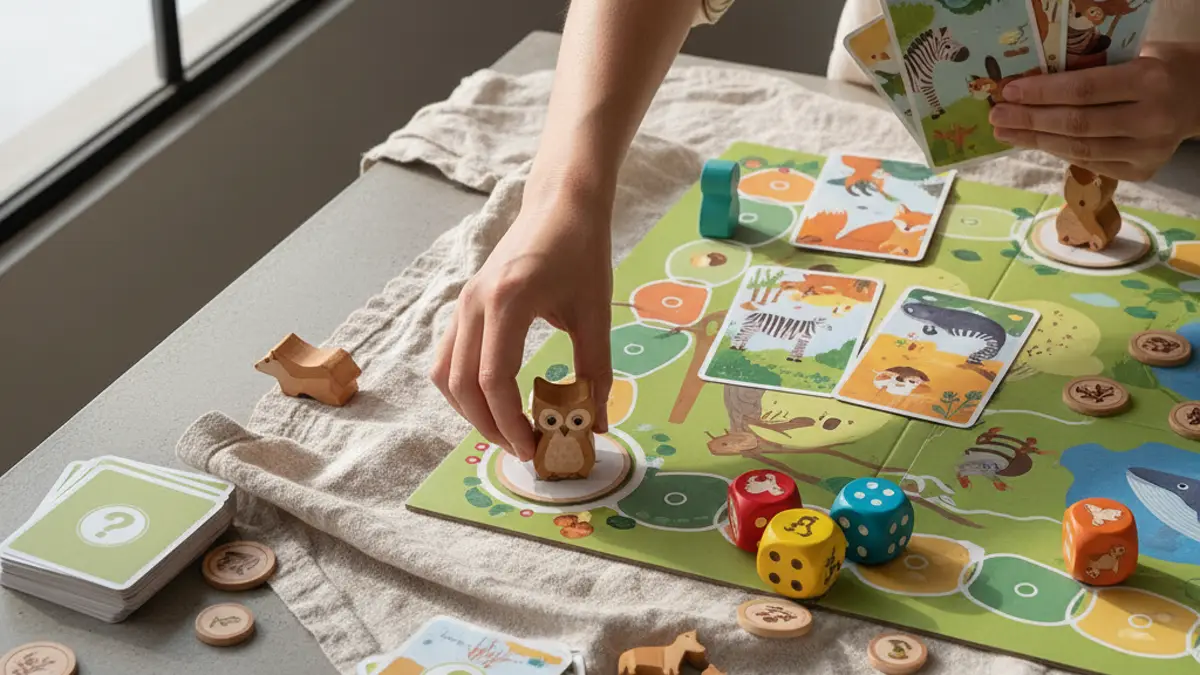 Ouder en kinderen aan tafel rond een kleurrijk educatief bordspel