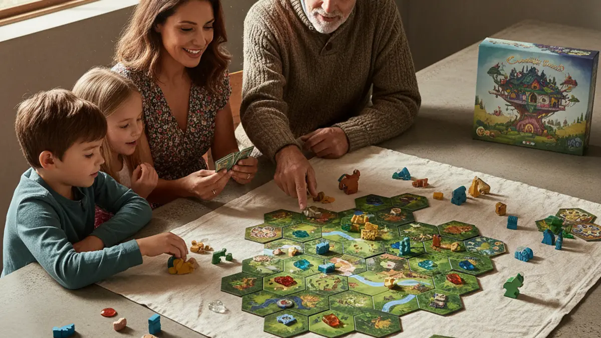 Drie generaties spelen samen een bordspel aan de eettafel