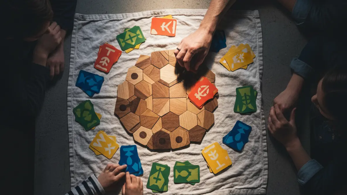 Kinderhanden en volwassen handen die speelstenen op het bord plaatsen