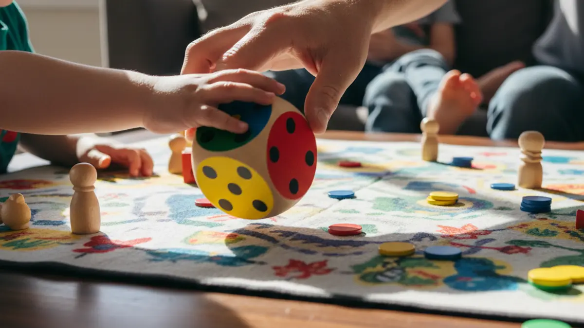Kleuter en ouder rollen een grote houten dobbelsteen bij een bordspel