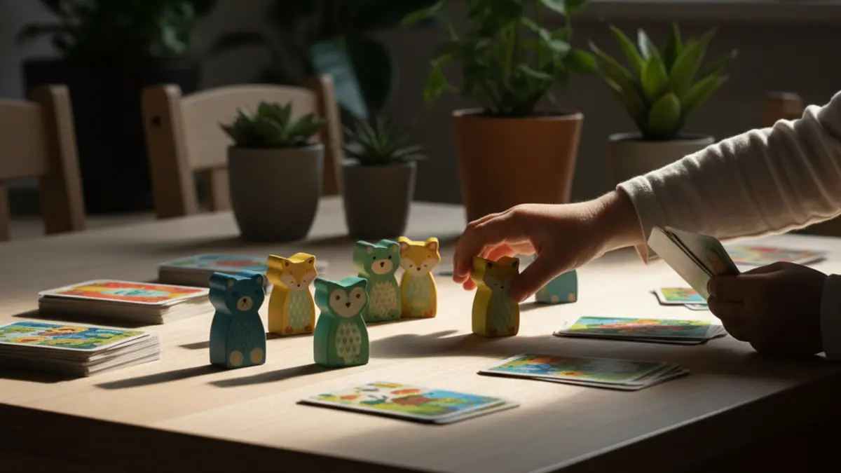 Vrolijke houten dierenpionnen en speelkaarten op een speeltafel