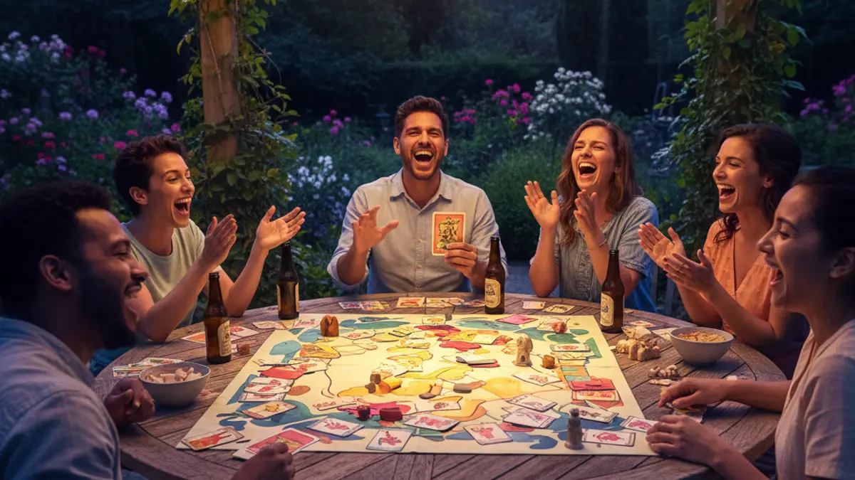 Vrienden die lachen tijdens het spelen van een grappig bordspel
