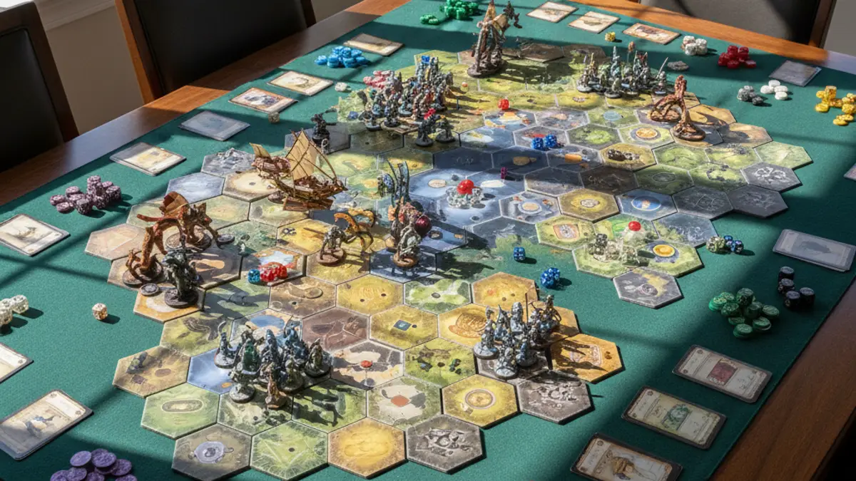 Groot bordspel met talloze miniaturen, speelkaarten en fiches op een houten tafel