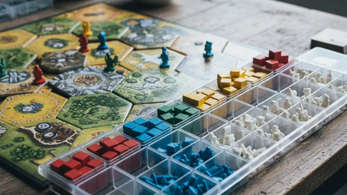 Overzichtelijke sorteerbakjes met houten blokjes en kartonnen fiches voor een bordspel