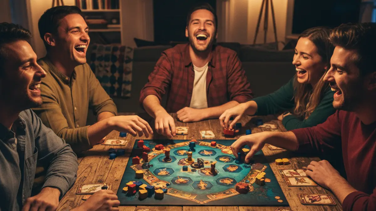 Vriendengroep speelt een bordspel aan een grote houten eettafel