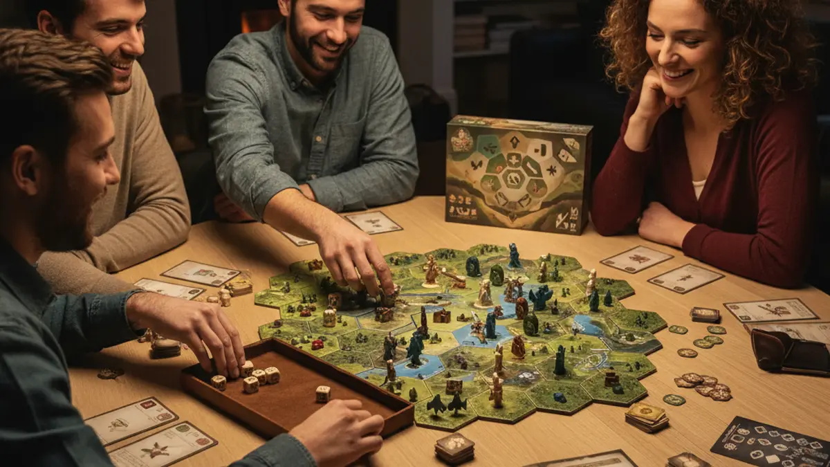 Vriendengroep speelt enthousiast een bordspel in de woonkamer
