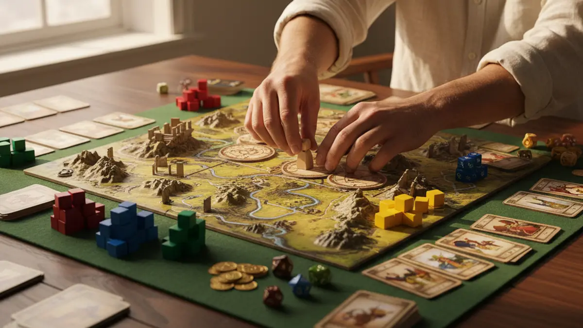 Iemand die geconcentreerd een solo bordspel speelt aan tafel