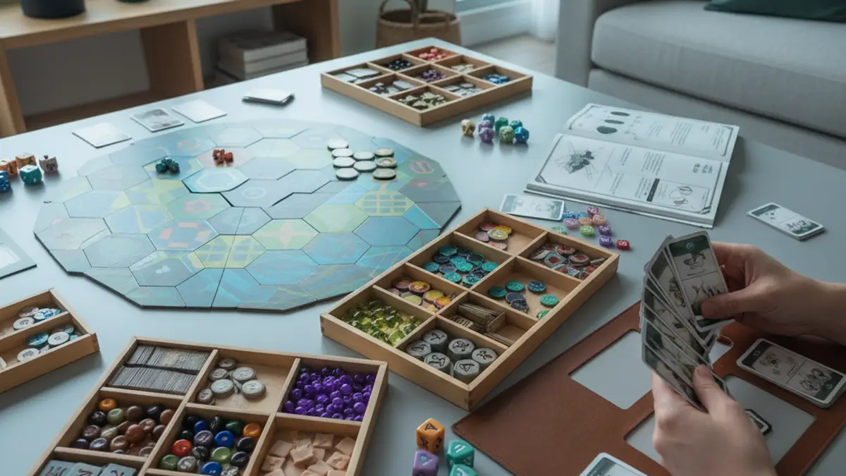 Overzichtelijk ingerichte speeltafel voor een solobordspel