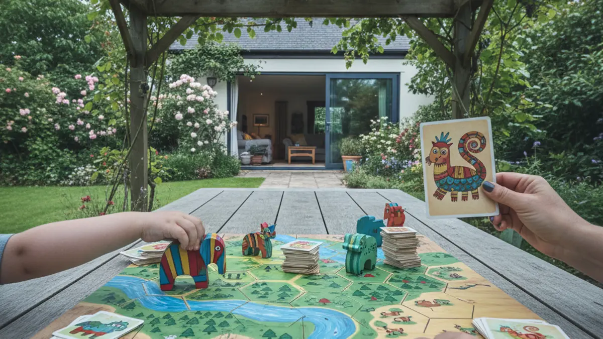 Kleurrijk kinderspel met houten speelstukken op tafel