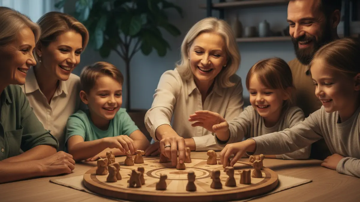 Grootvader en kleindochter spelen een klassiek bordspel met houten pionnen