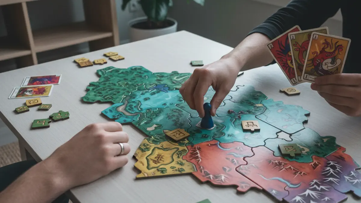 Twee volwassenen spelen geconcentreerd een tweepersoons bordspel aan tafel