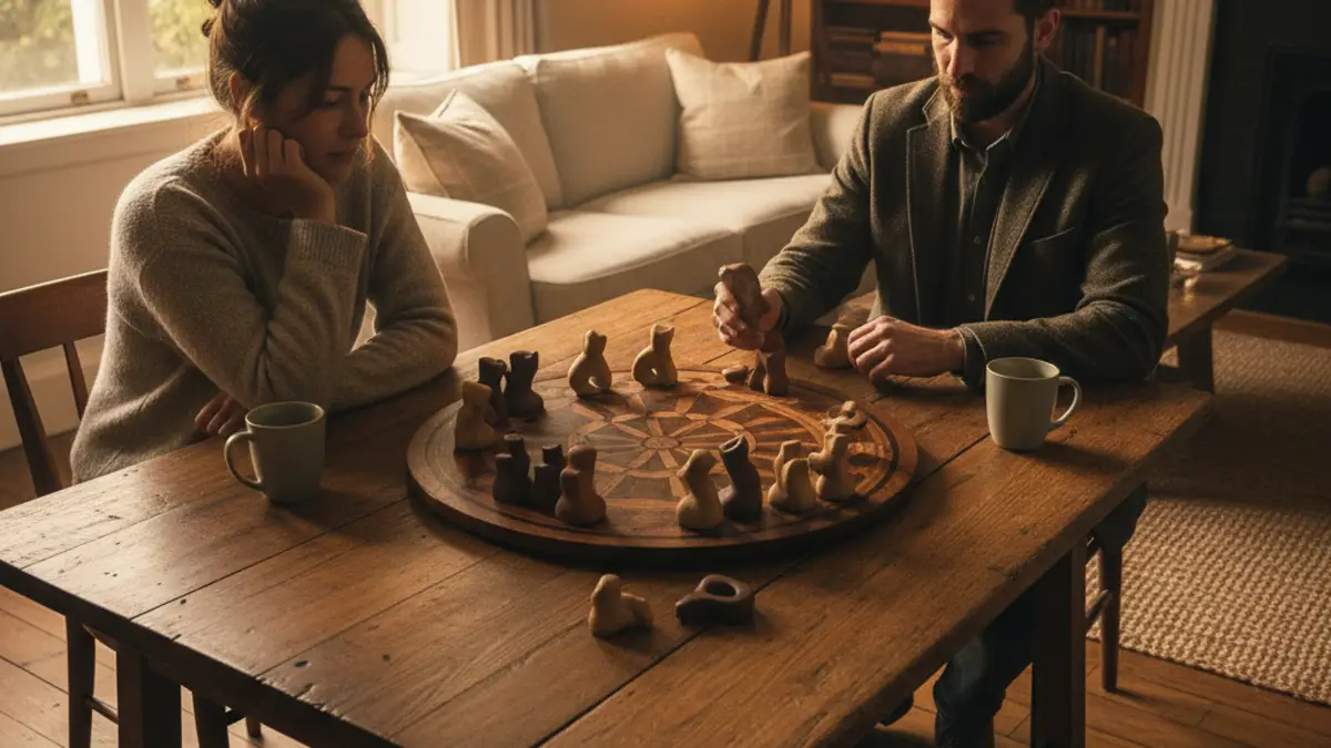 Twee personen spelen een klassiek bordspel aan een houten tafel