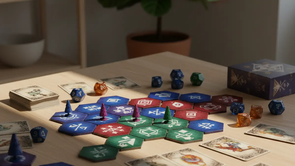 Kleurrijke speeltegels, dobbelstenen en speelkaarten op een houten tafel
