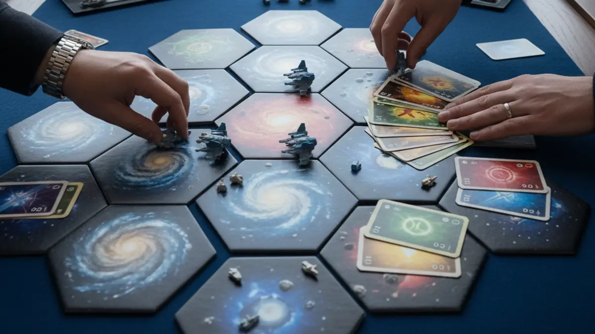 Overzicht van een complex bordspel met speelkaarten en houten grondstoffen op tafel