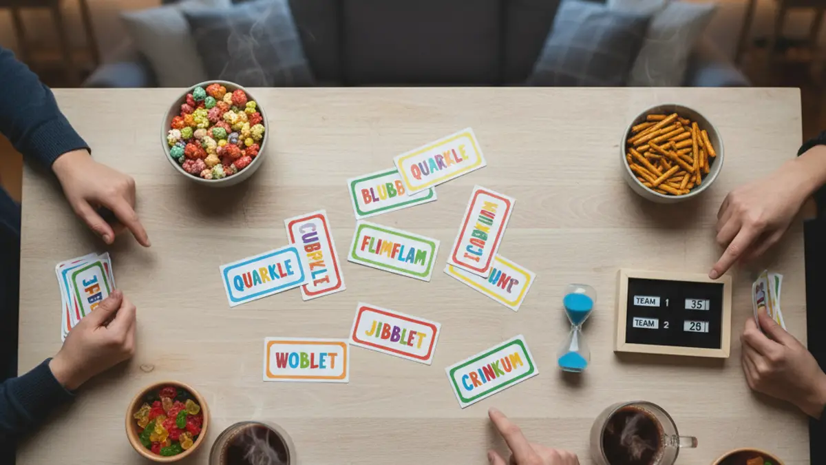 Speelkaarten, een compact scorebord en een zandloper op een borreltafel