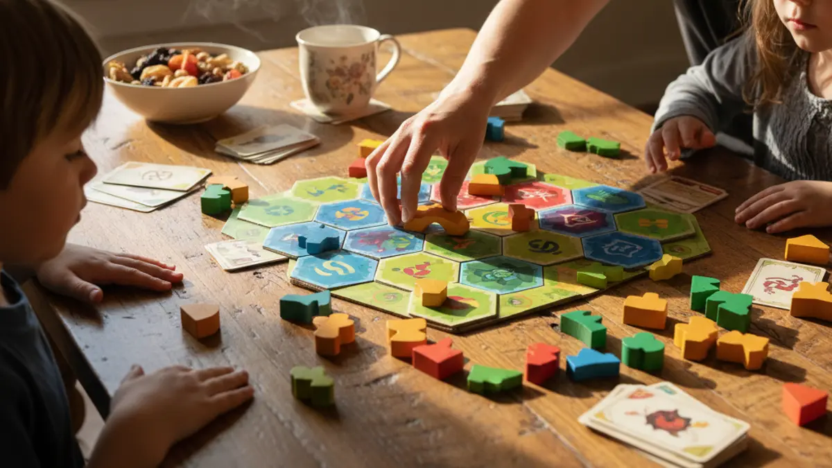 Ouder legt een bordspel uit aan twee jonge kinderen aan de speeltafel