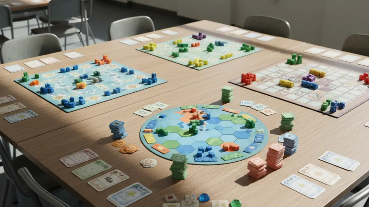 Speeltafel netjes klaargezet met bordspelmateriaal en kaarten