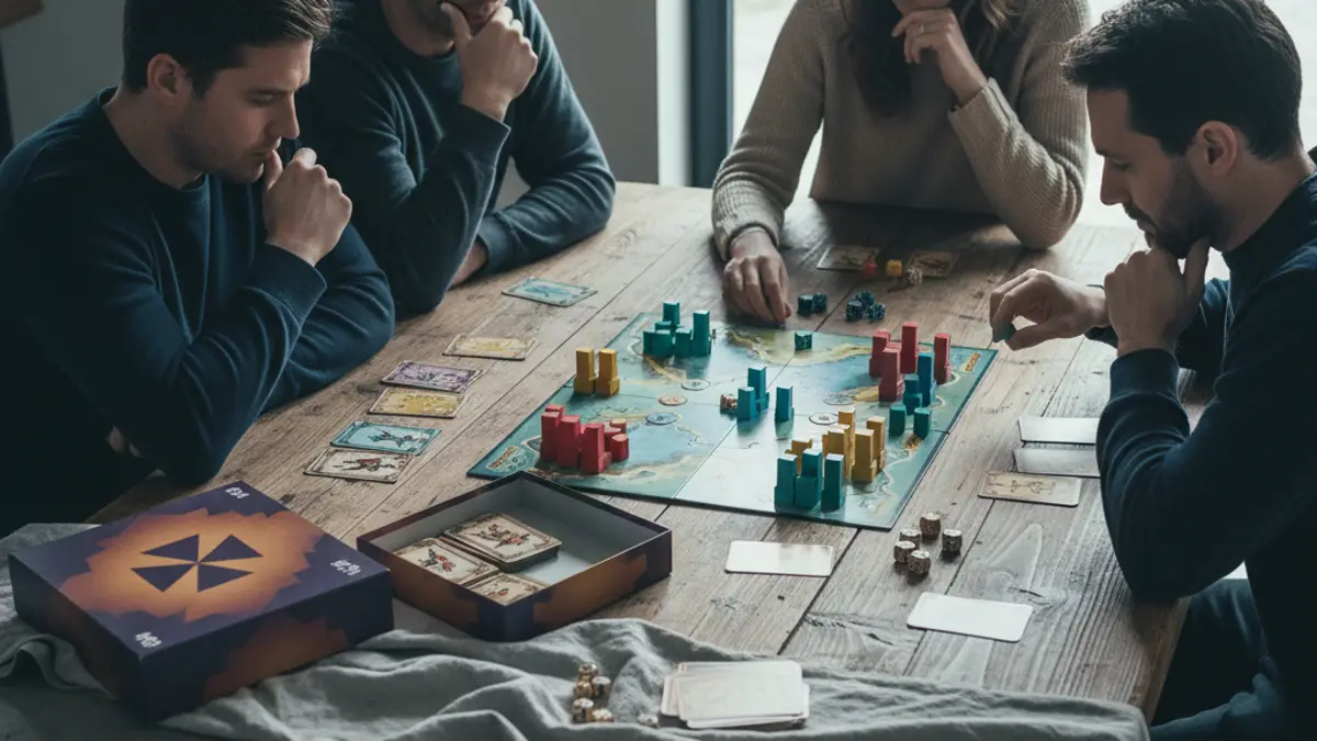 Vier vrienden spelen een bordspel aan een houten tafel