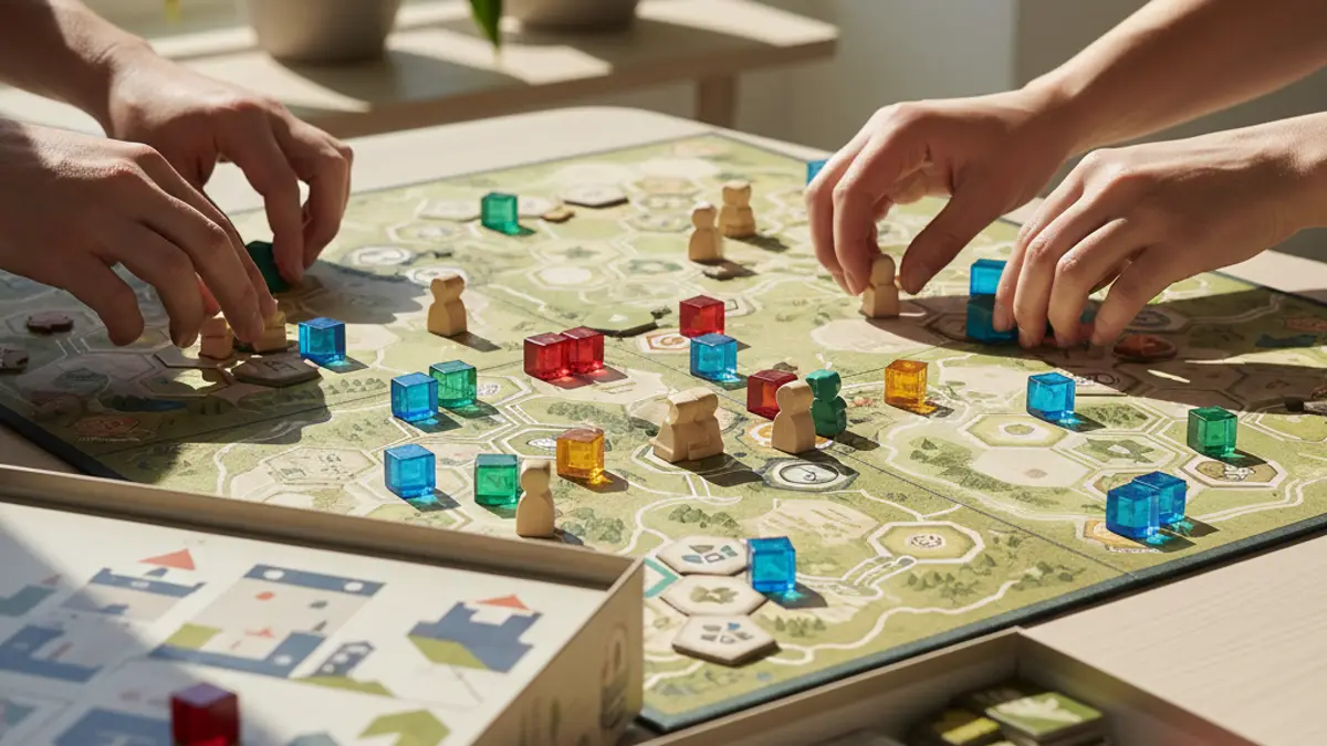 Houten speelstukken en kaarten op een strategisch speelbord