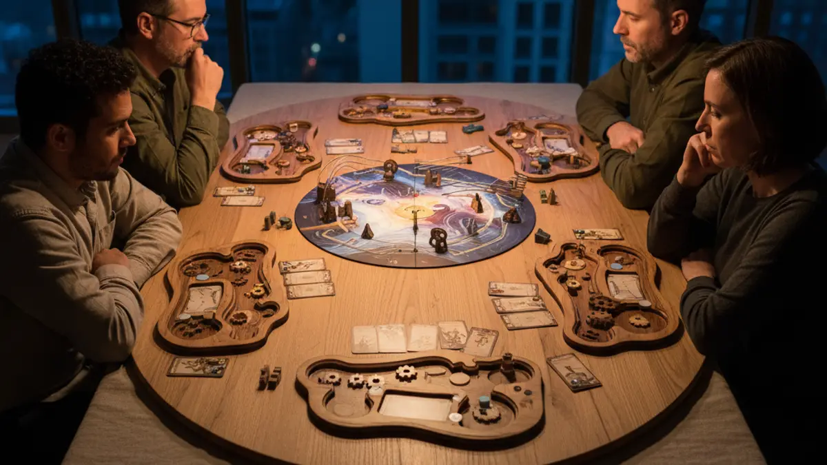 Overzichtelijk opgesteld strategisch bordspel met spelersborden en speelmateriaal