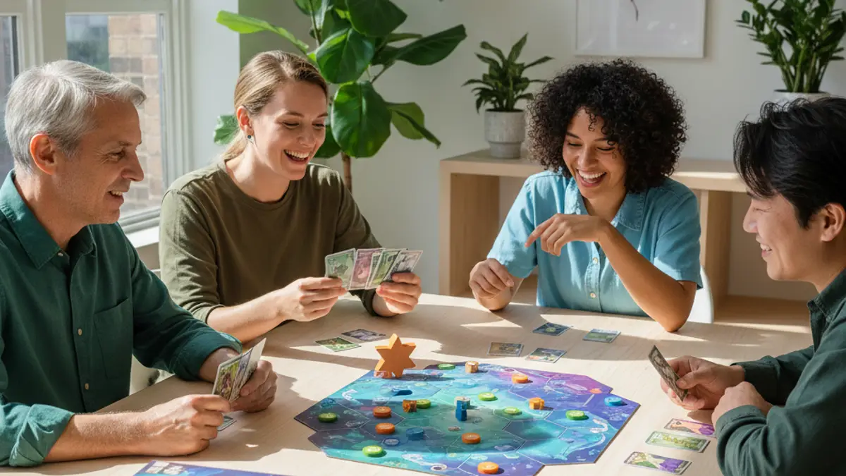 Vrienden rond een houten tafel die een modern bordspel spelen met kaarten en pionnen