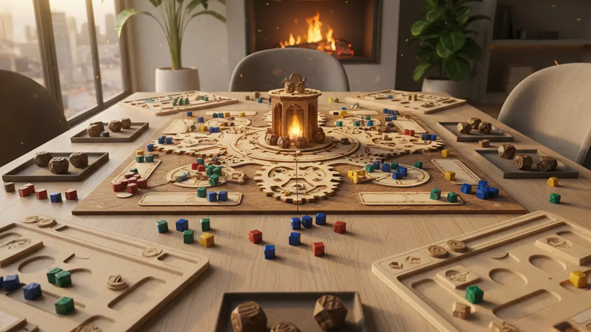 Bovenaanzicht van een speelbord met houten blokjes, dobbelstenen en spelersborden