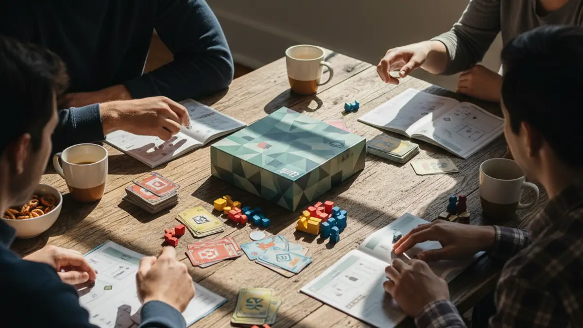 Moderne bordspellen uitgestald op een houten speeltafel met kaarten en fiches