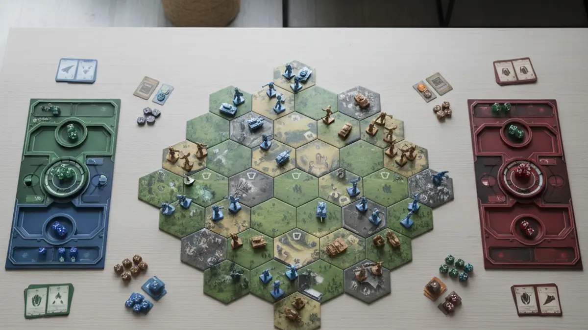 Bovenaanzicht van een bordspel met hexagonale tegels en speelstukken