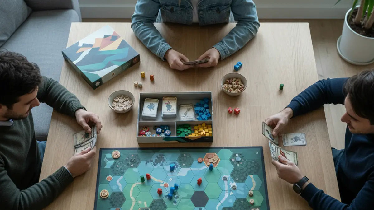 Drie vrienden spelen een bordspel aan een houten tafel