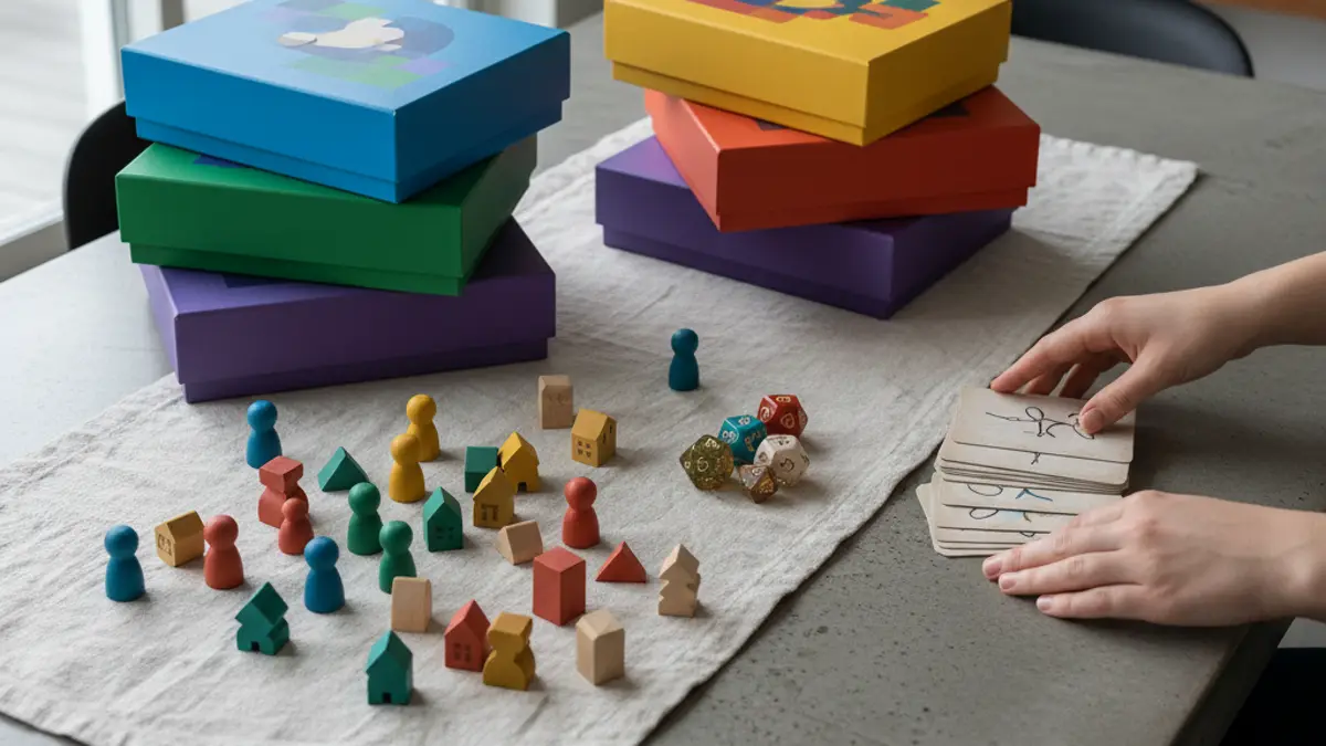 Kleurrijke bordspellen met houten speelstukken en dobbelstenen op tafel