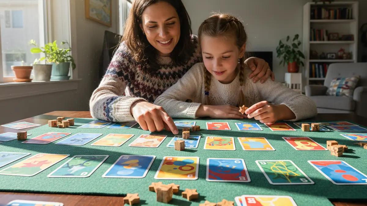 Moeder en kind bekijken tactische spelkaarten aan tafel