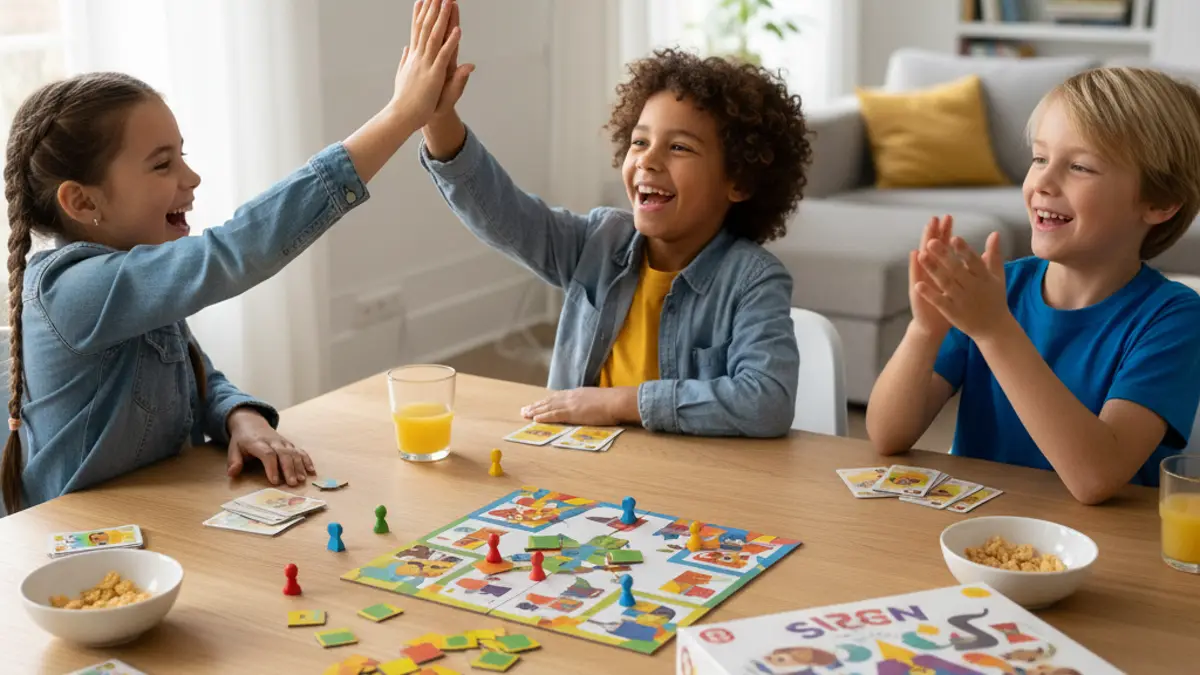 Drie kinderen vieren samen een overwinning bij een bordspel