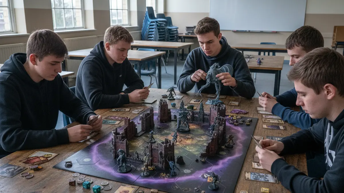 Oudere spelers rond een tafel met een complex strategisch bordspel