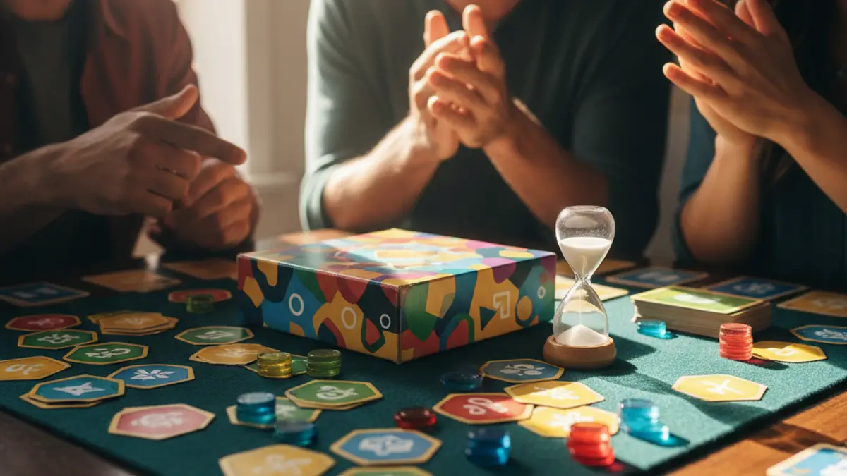 Vier volwassen vrienden die samen lachen tijdens een partyspel aan tafel