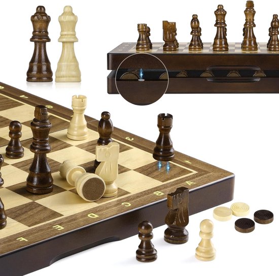 QUOVO® Magnetisch Schaakbord - Schaakspel met schaakstukken - Reis Schaakset - Schaken - Inklapbaar - Makkelijk mee te nemen! - Bruin - 38cm x 38cm x 1cm