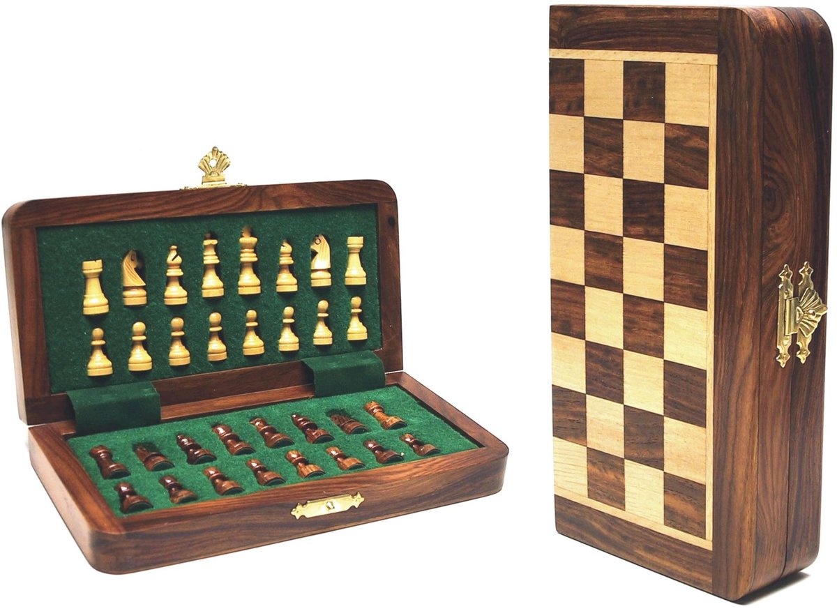 HOT Games jeu d'échecs magnétique de voyage en bois marqueté 19x9cm.