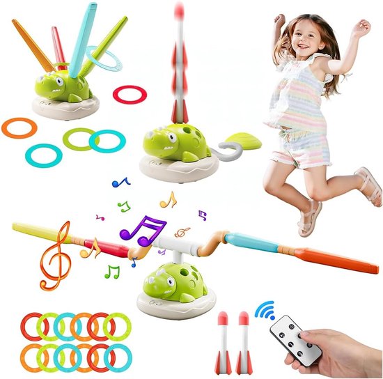 SnelShoppen - Jeu 3-en-1 Saut Musical, Lancer d'Anneaux et Lancement de Dinosaures - Jouet d'Extérieur pour Enfants de 3 à 12 Ans, Parfait pour les Fêtes