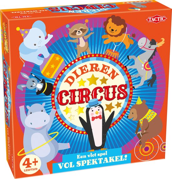 Tactic Dierencircus – Bordspel – Familiespel – Extra Groot Speelbord van 60 cm doorsnede – 5 Houten Dieren – 4 Grote Verzameltenten van 24x24 cm - jaar